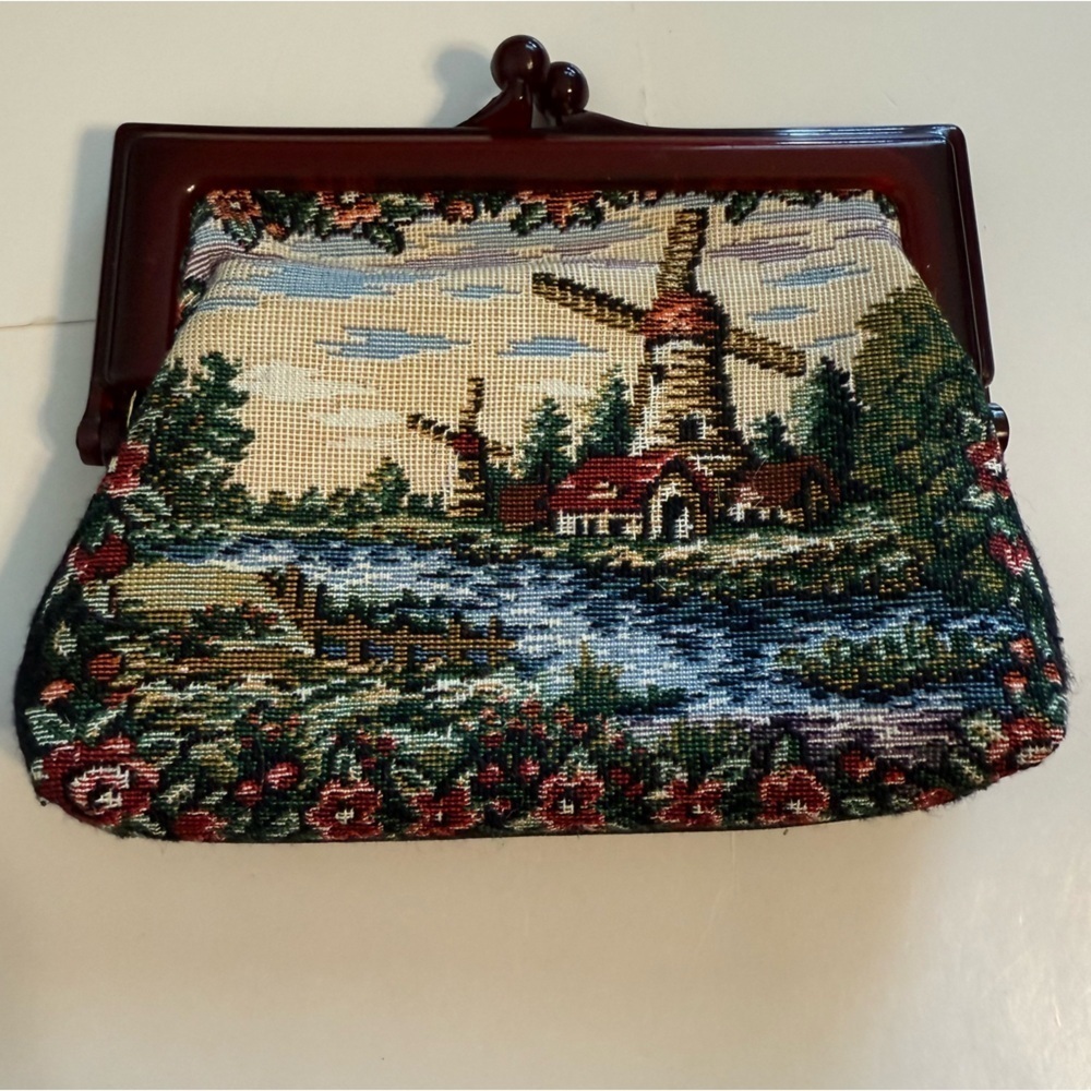 Vintage Tapestry Kiss Lock Windmill Landscape Clutch Small Purse Cloth Velvet